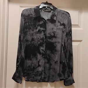 Zara Sheer Abstract Blouse Black Gray Button Front Flowing Lightweight Top M
